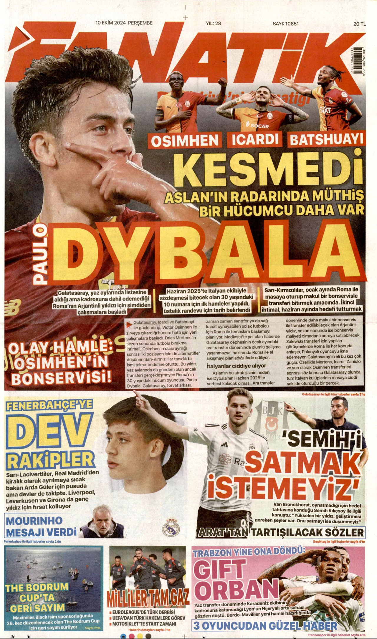 FANATİK gazetesinin 10 Ekim 2024 tarihli birinci sayfası