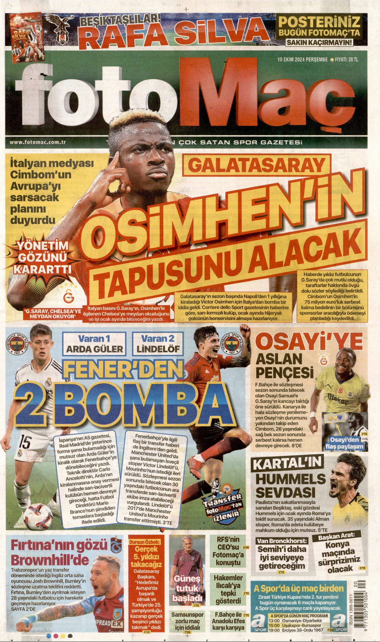FOTOMAÇ gazetesinin 10 Ekim 2024 tarihli birinci sayfası