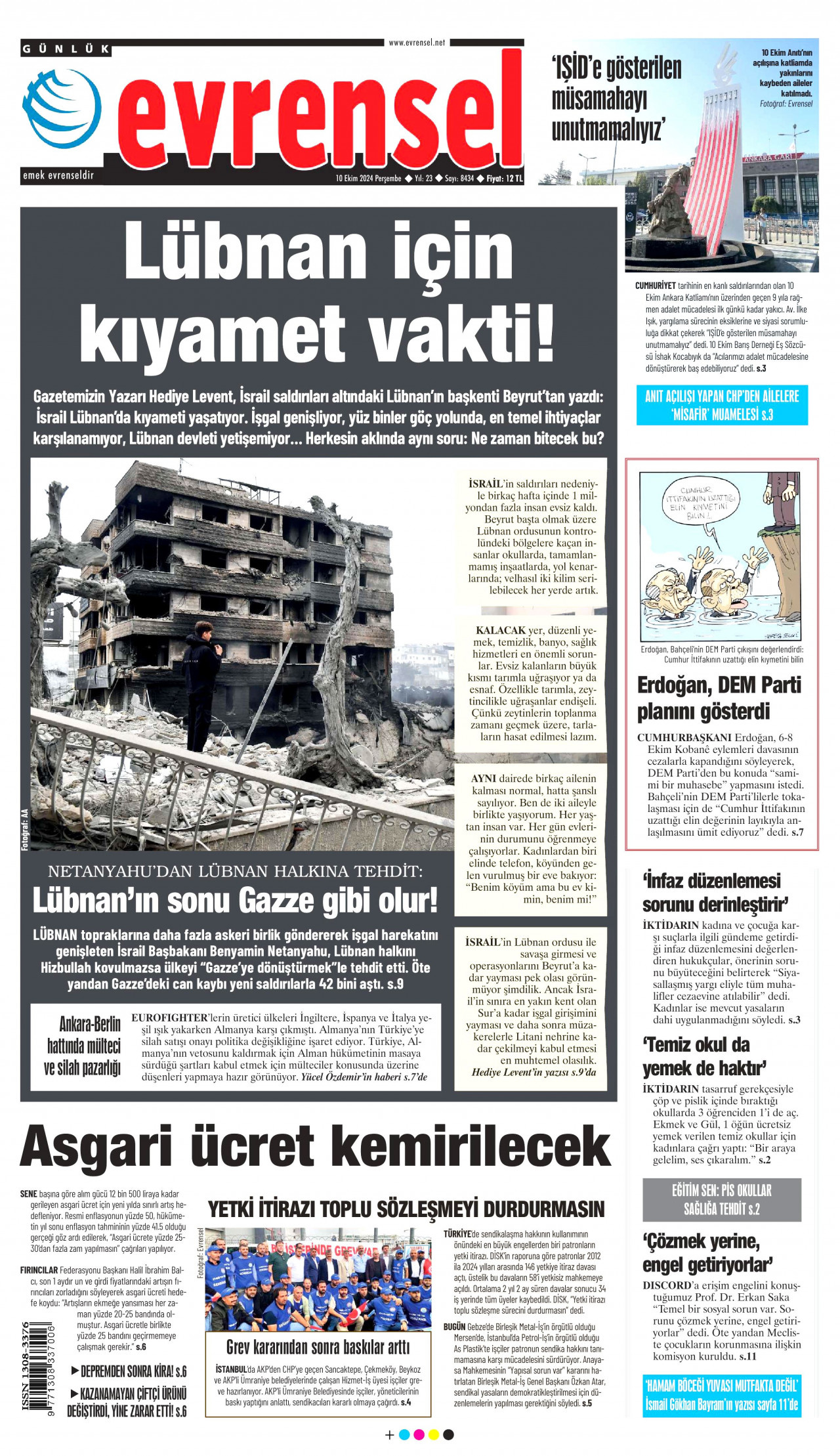 EVRENSEL gazetesinin 10 Ekim 2024 tarihli birinci sayfası