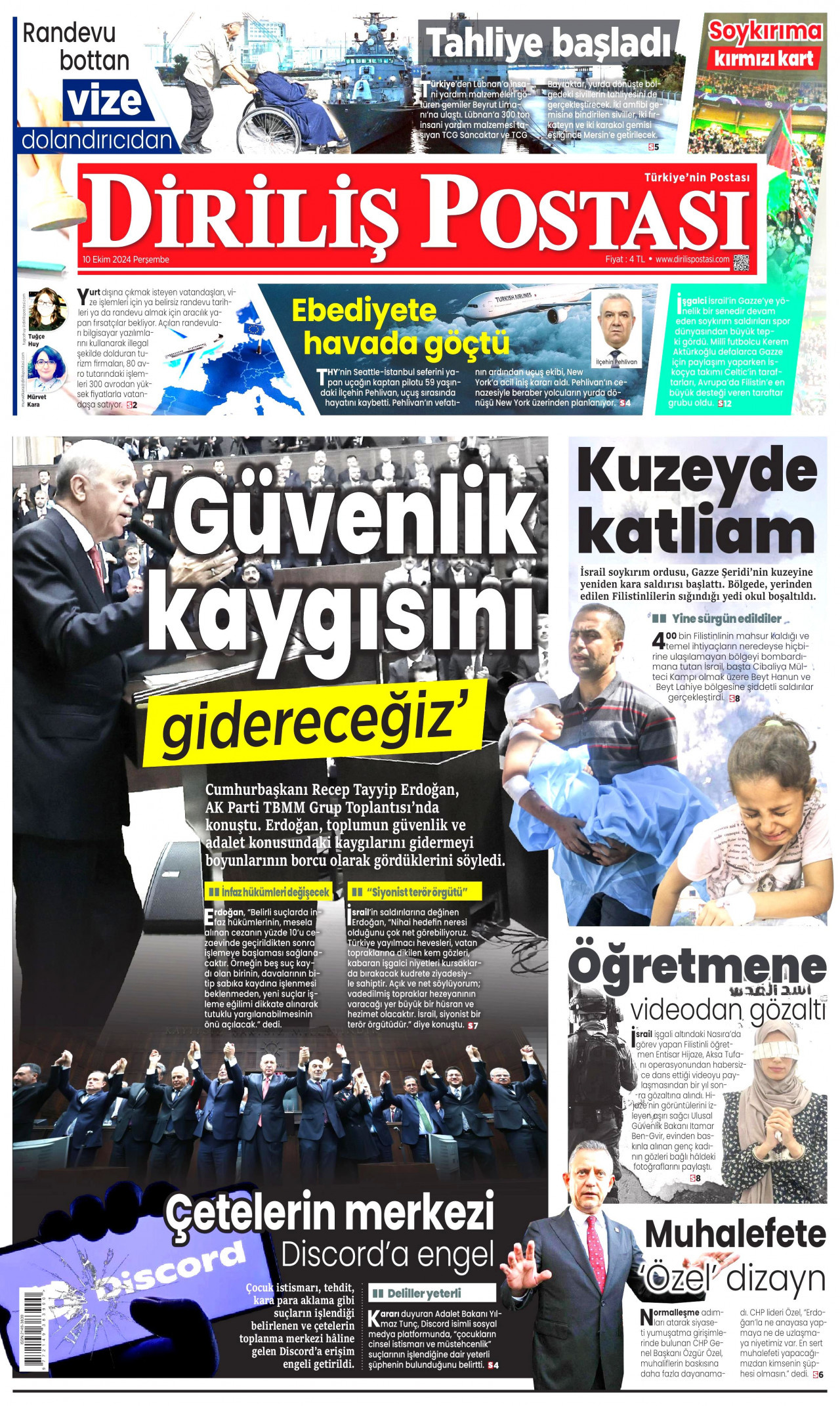 DİRİLİŞ POSTASI gazetesinin 10 Ekim 2024 tarihli birinci sayfası