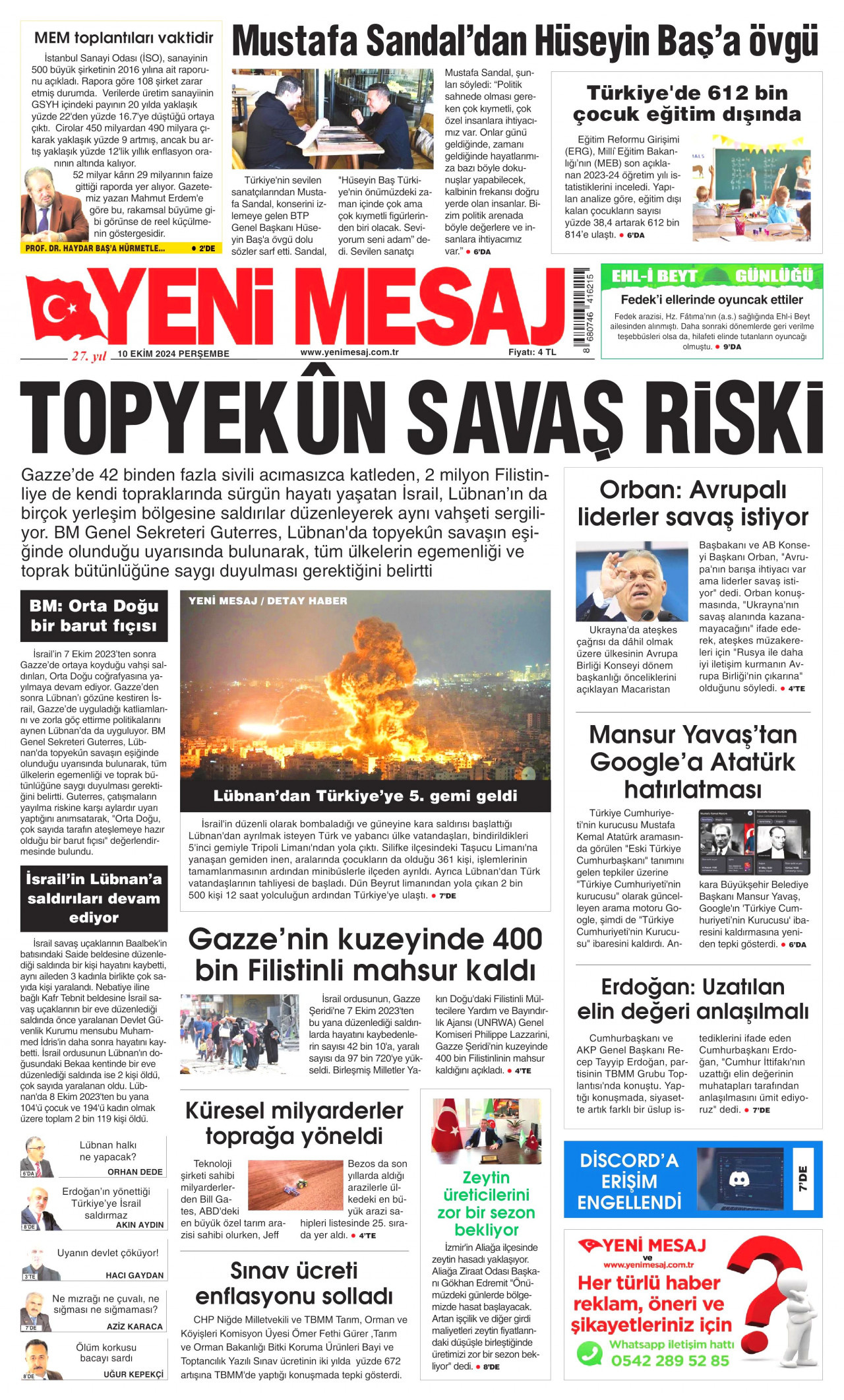 YENİ MESAJ gazetesinin 10 Ekim 2024 tarihli birinci sayfası