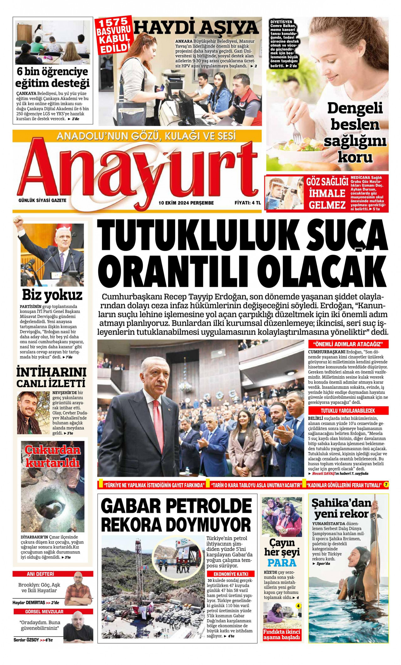 ANAYURT gazetesinin 10 Ekim 2024 tarihli birinci sayfası