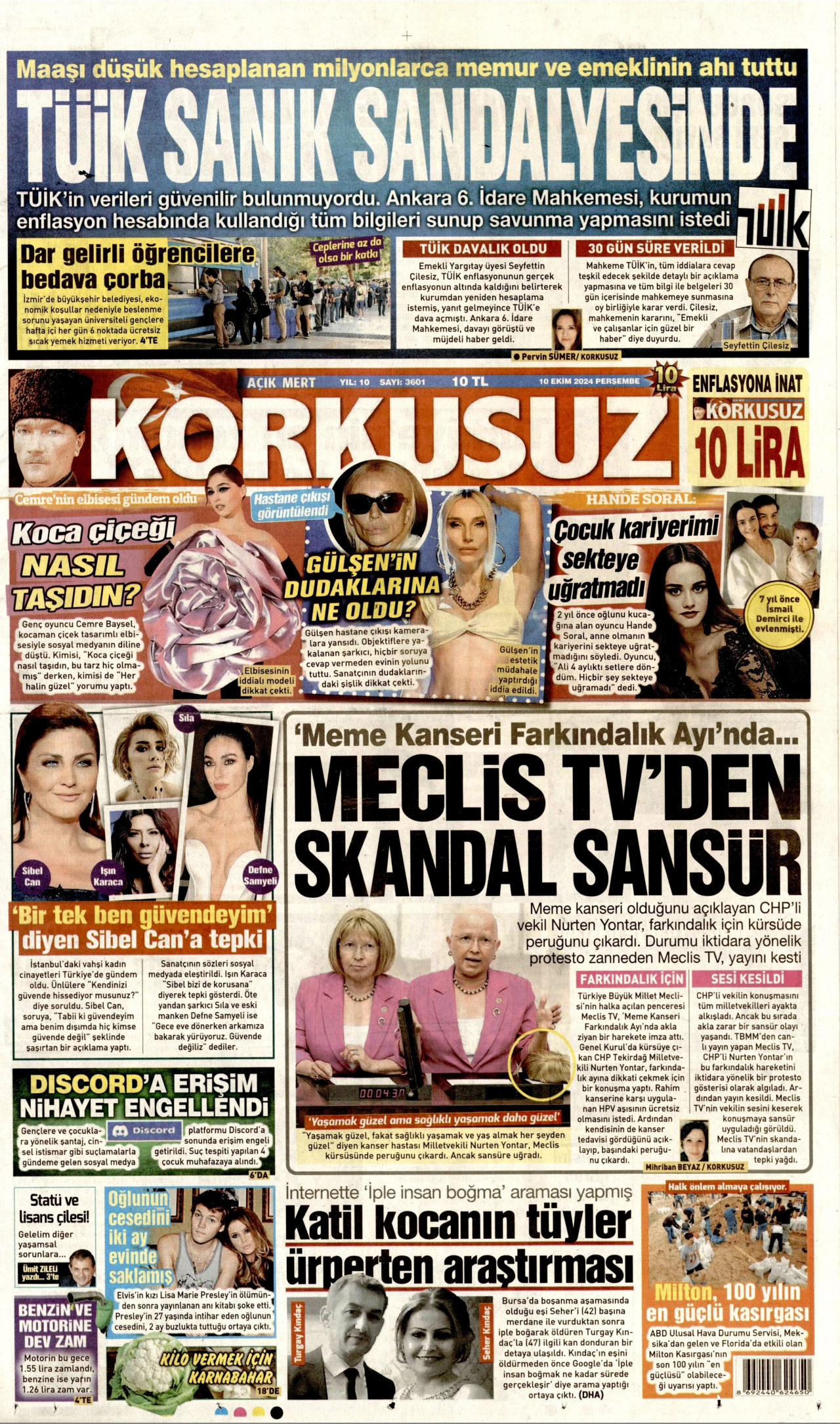 KORKUSUZ gazetesinin 10 Ekim 2024 tarihli birinci sayfası