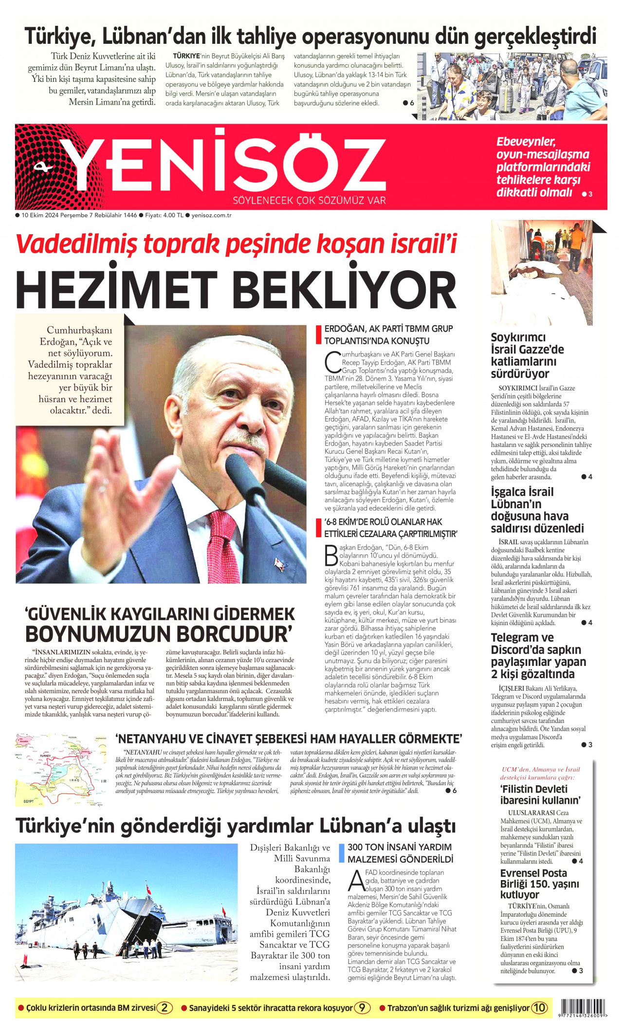 YENİ SÖZ GAZETESİ gazetesinin 10 Ekim 2024 tarihli birinci sayfası