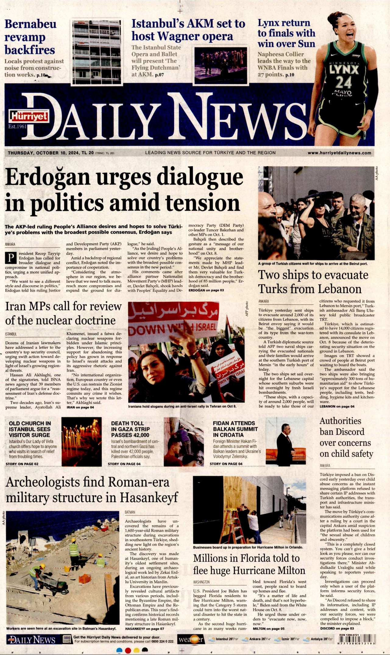 HÜRRİYET DAİLY NEWS gazetesinin 10 Ekim 2024 tarihli birinci sayfası