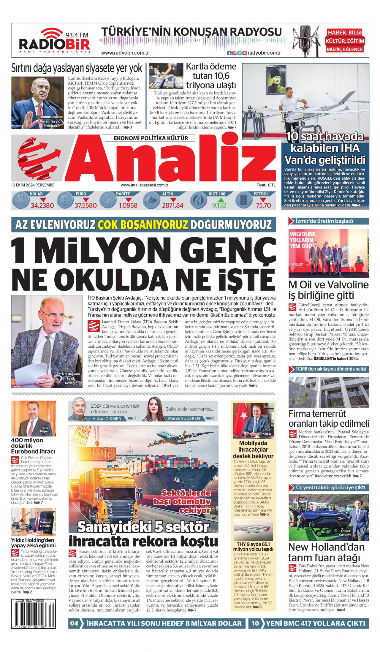 ANALİZ gazetesinin 10 Ekim 2024 tarihli birinci sayfası
