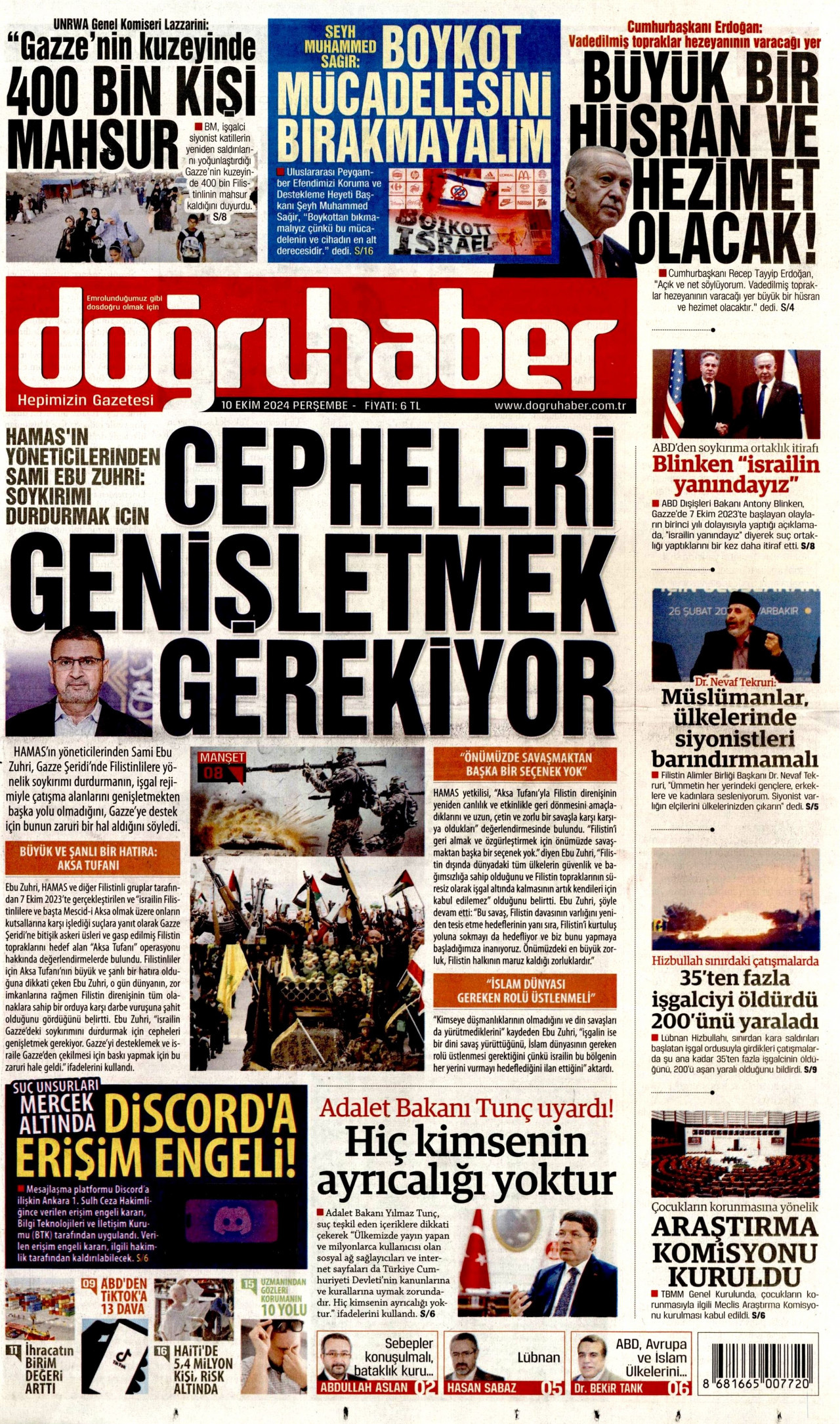 DOĞRU HABER gazetesinin 10 Ekim 2024 tarihli birinci sayfası