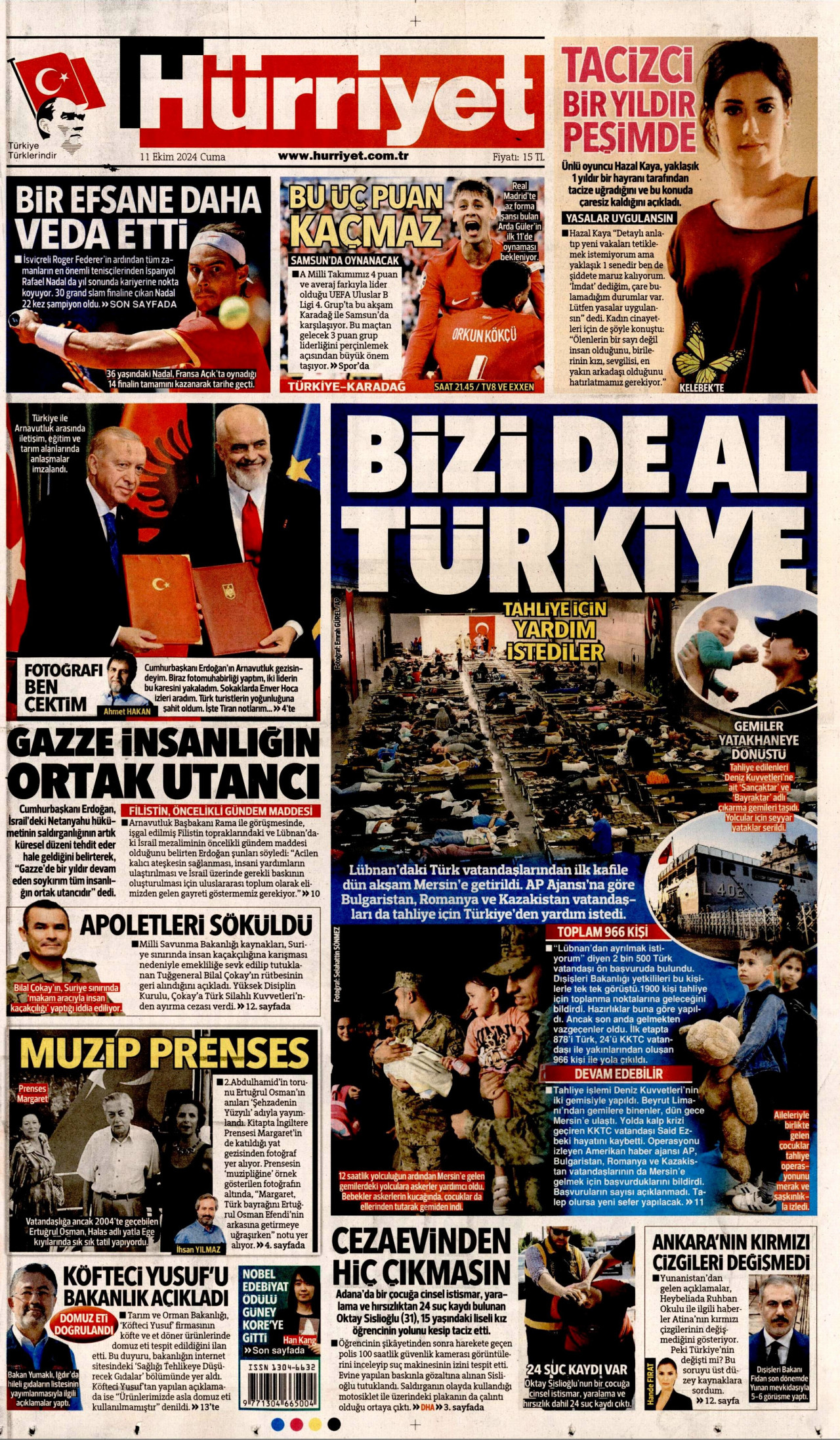 HÜRRİYET gazetesinin 11 Ekim 2024 tarihli birinci sayfası