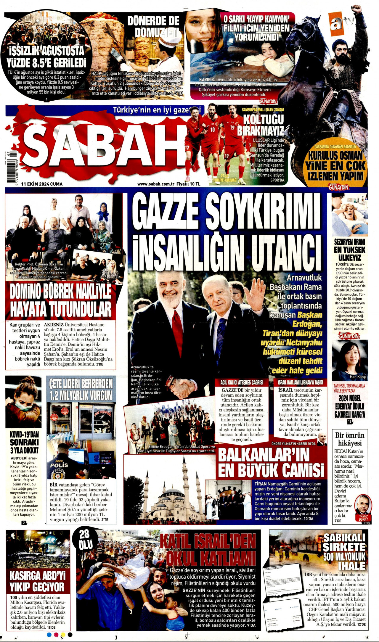 SABAH gazetesinin 11 Ekim 2024 tarihli birinci sayfası