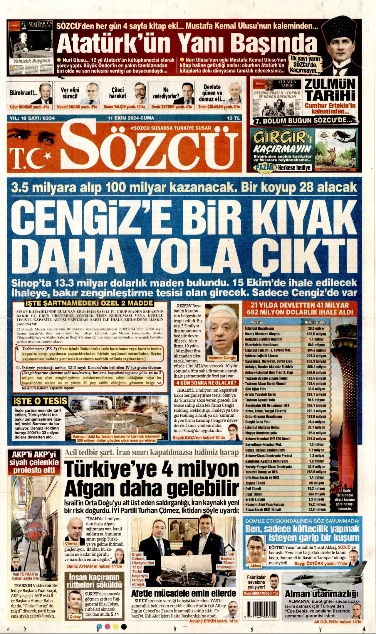 SÖZCÜ gazetesinin 11 Ekim 2024 tarihli birinci sayfası