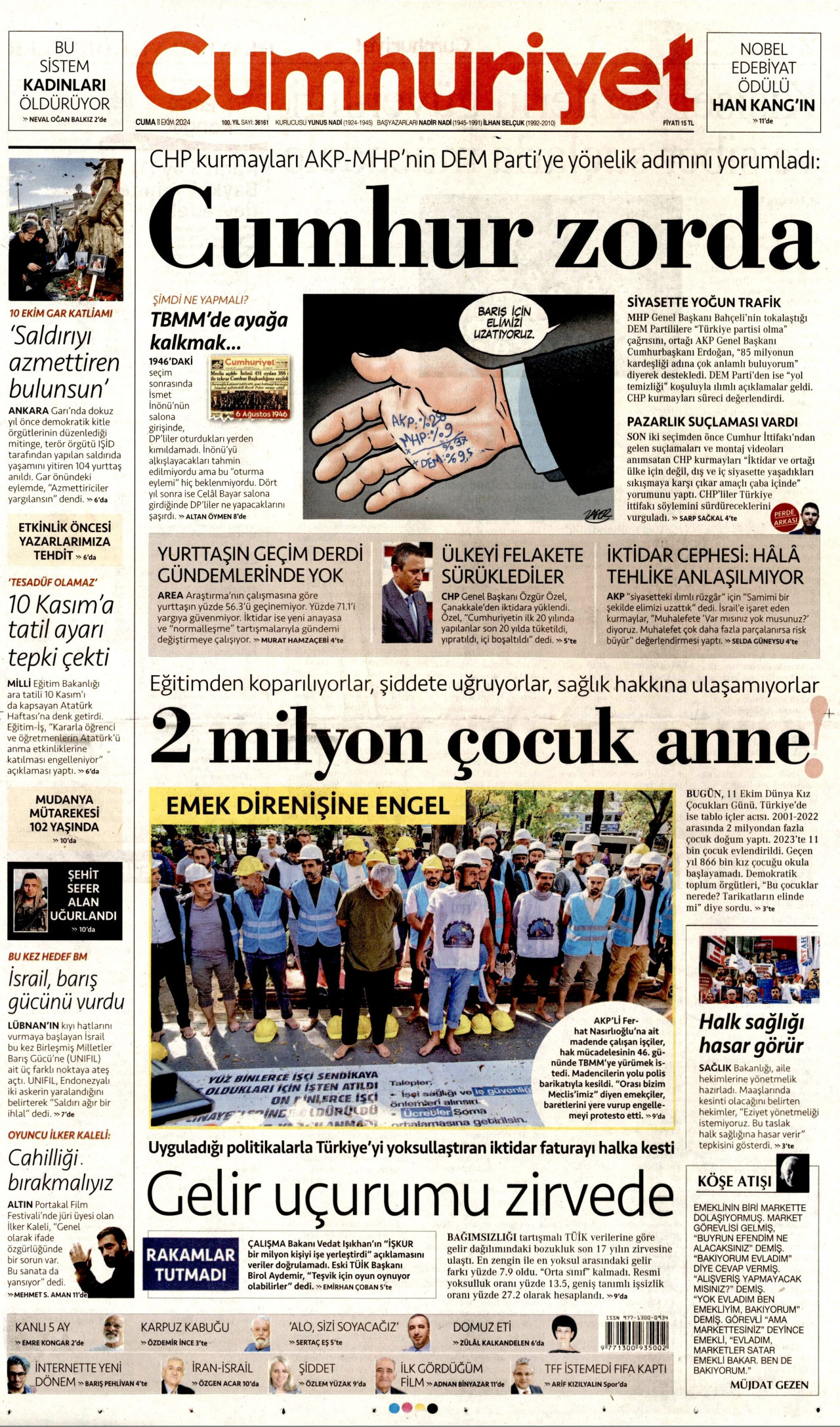 CUMHURİYET gazetesinin 11 Ekim 2024 tarihli birinci sayfası