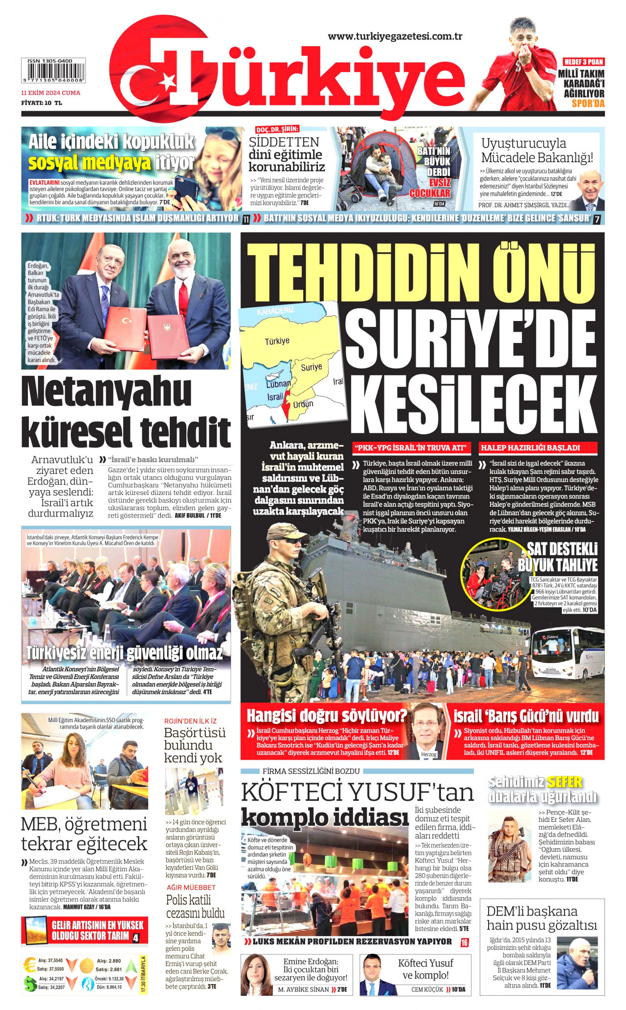 TÜRKİYE GAZETESİ gazetesinin 11 Ekim 2024 tarihli birinci sayfası