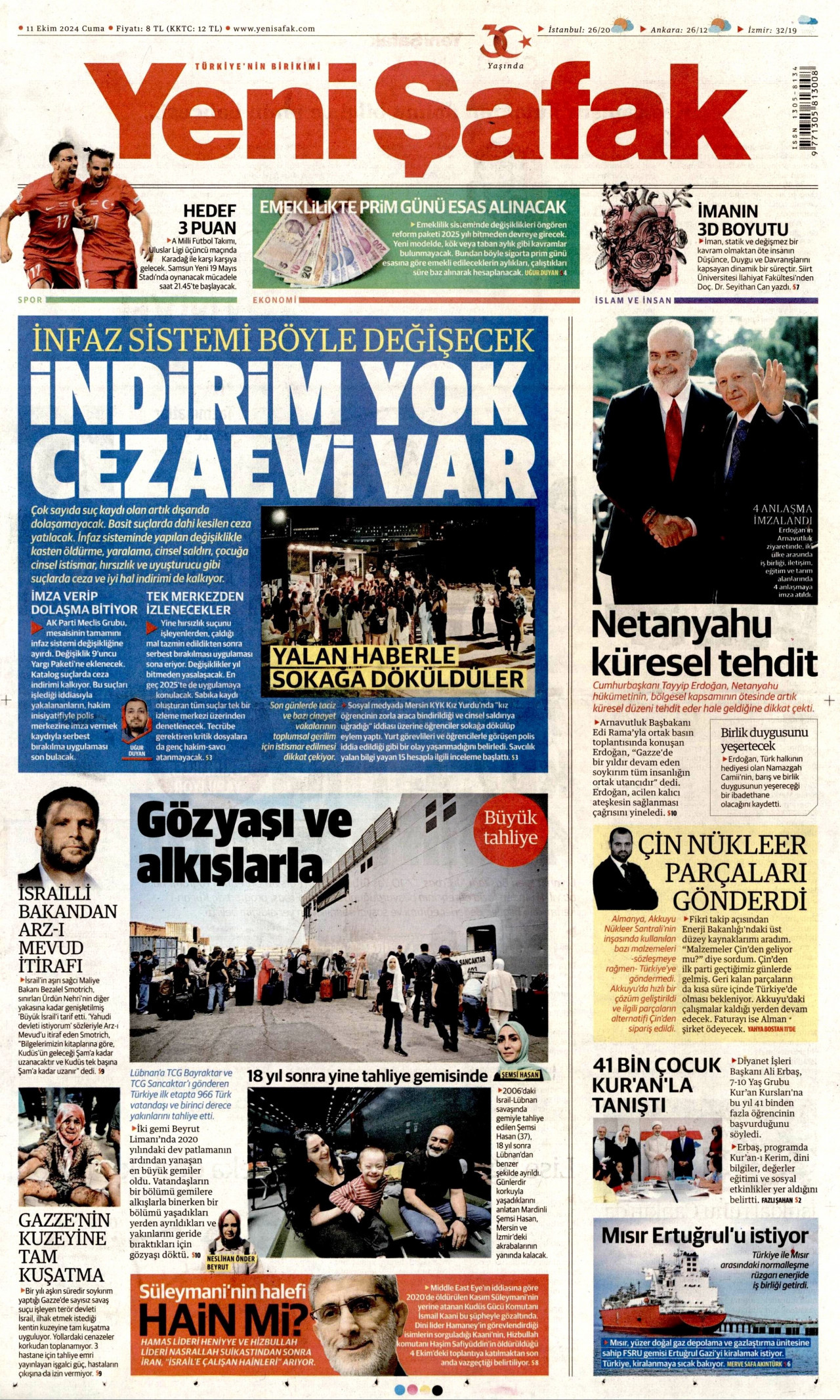 YENİ ŞAFAK gazetesinin 11 Ekim 2024 tarihli birinci sayfası