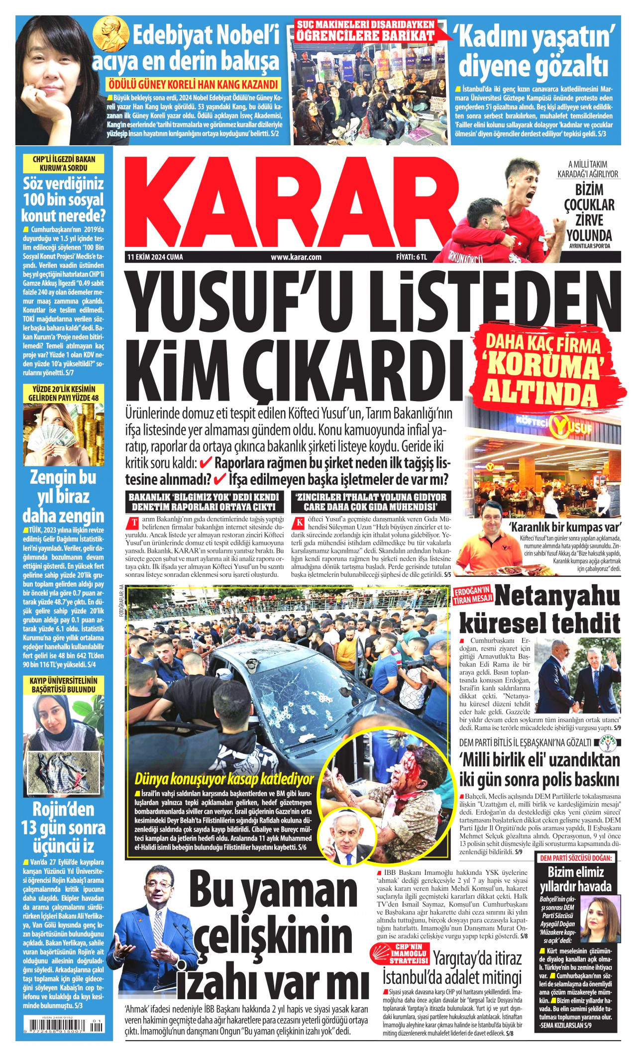 KARAR gazetesinin 11 Ekim 2024 tarihli birinci sayfası