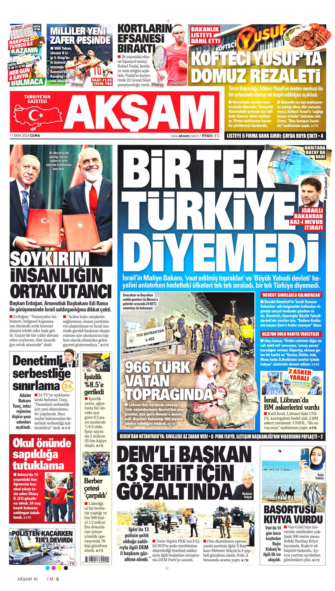 AKŞAM gazetesinin 11 Ekim 2024 tarihli birinci sayfası