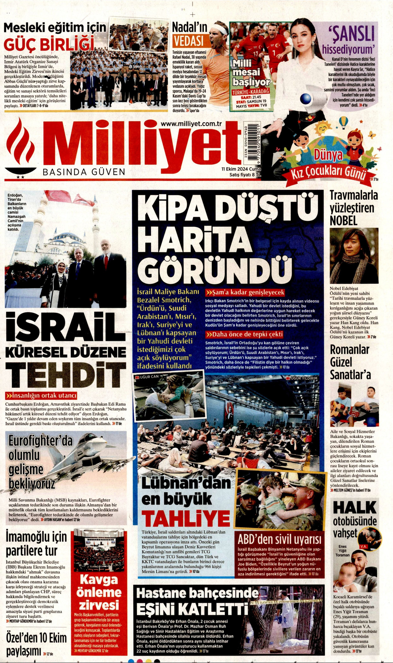 MİLLİYET gazetesinin 11 Ekim 2024 tarihli birinci sayfası