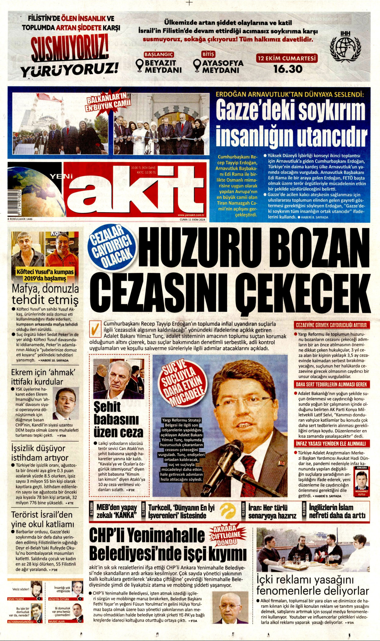 YENİ AKİT gazetesinin 11 Ekim 2024 tarihli birinci sayfası
