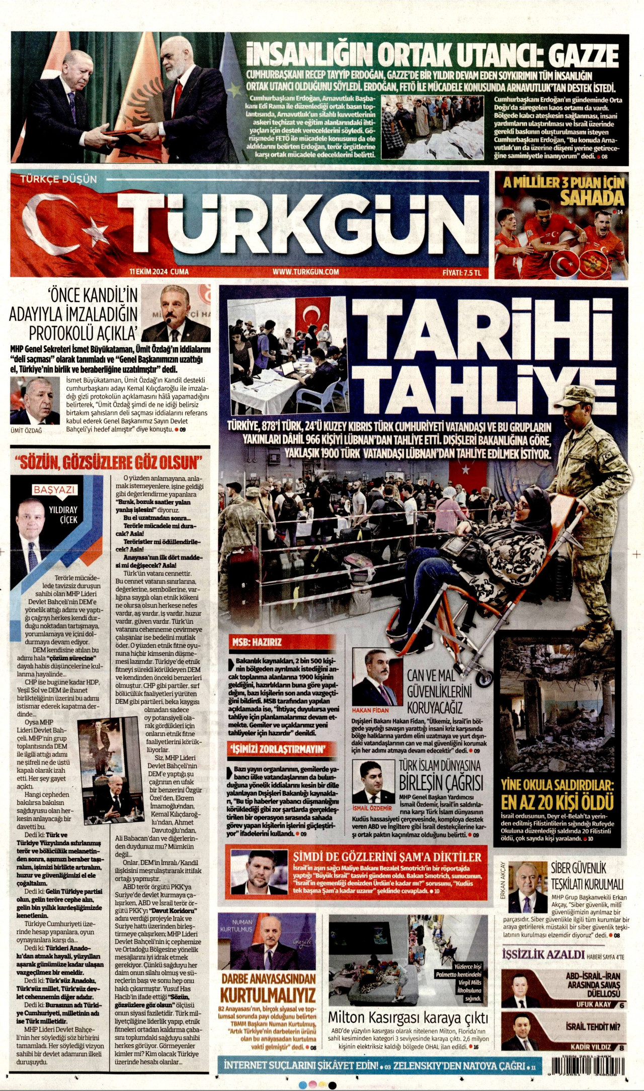 TÜRKGÜN gazetesinin 11 Ekim 2024 tarihli birinci sayfası