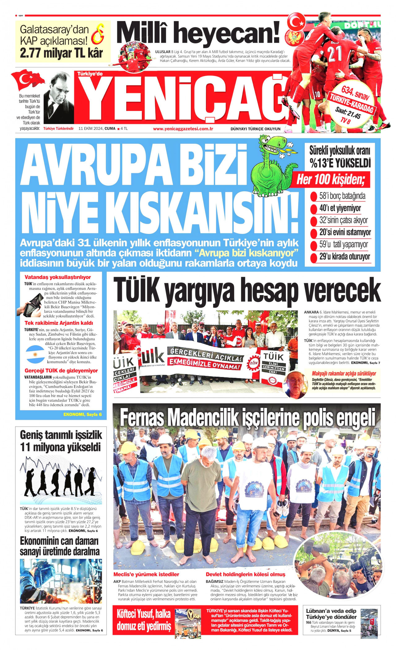 YENİÇAĞ gazetesinin 11 Ekim 2024 tarihli birinci sayfası