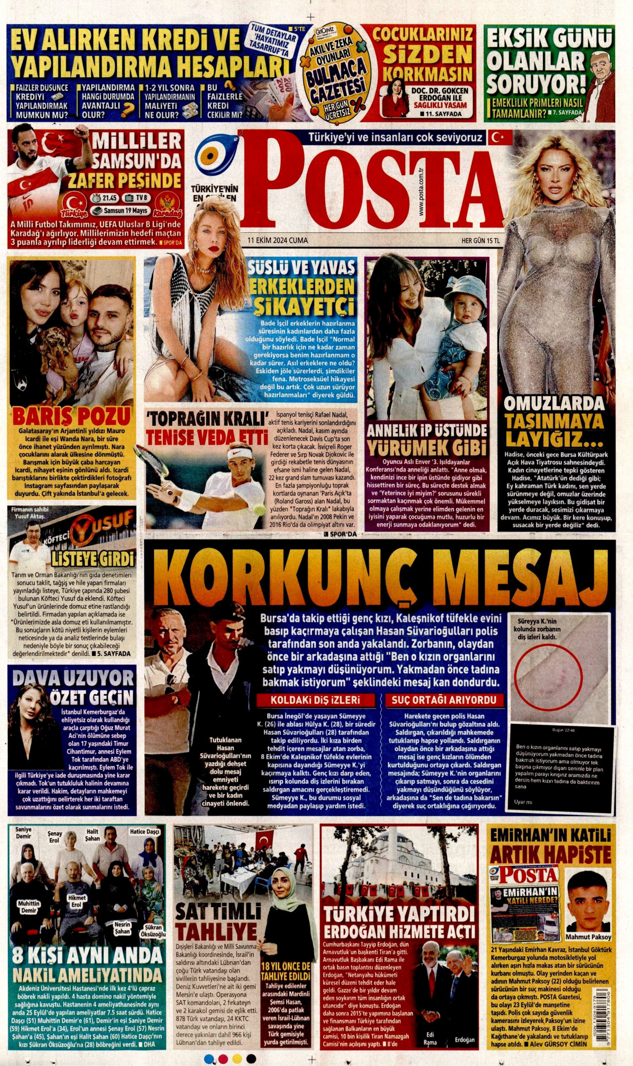 POSTA gazetesinin 11 Ekim 2024 tarihli birinci sayfası