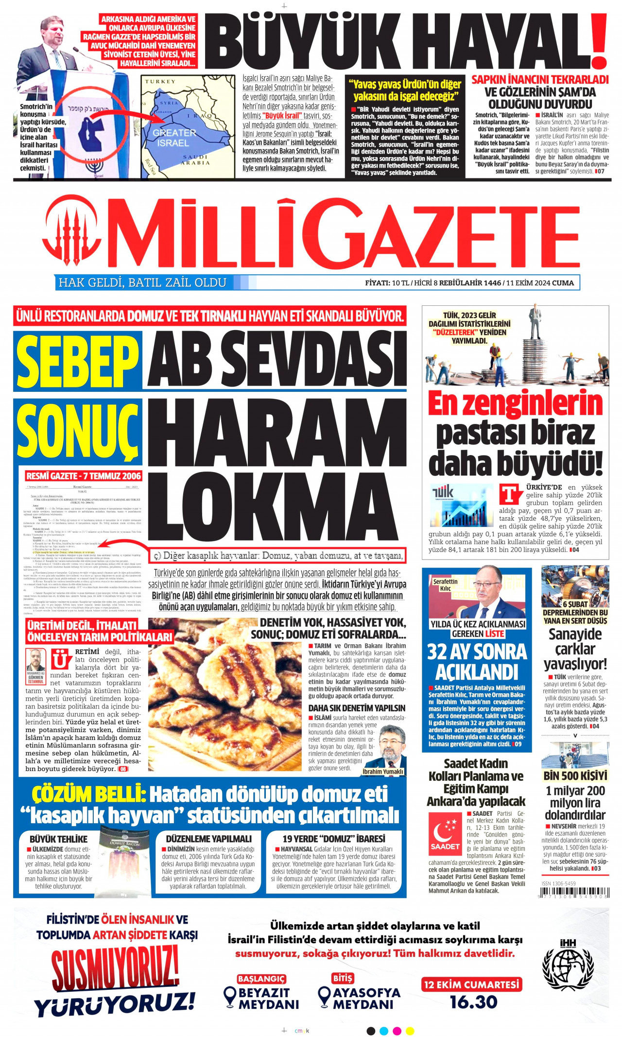 MİLLİ GAZETE gazetesinin 11 Ekim 2024 tarihli birinci sayfası