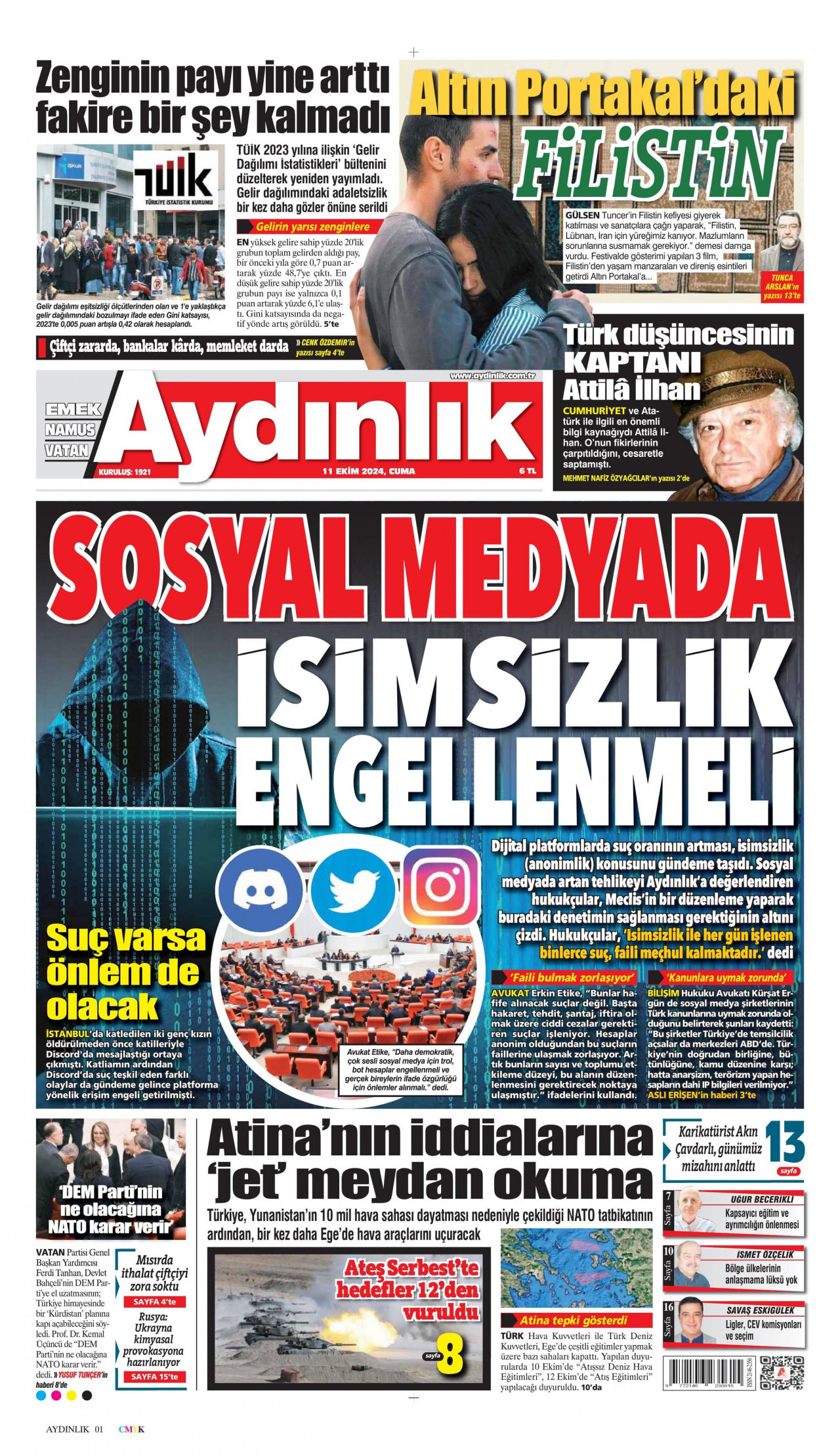 AYDINLIK GAZETESİ gazetesinin 11 Ekim 2024 tarihli birinci sayfası