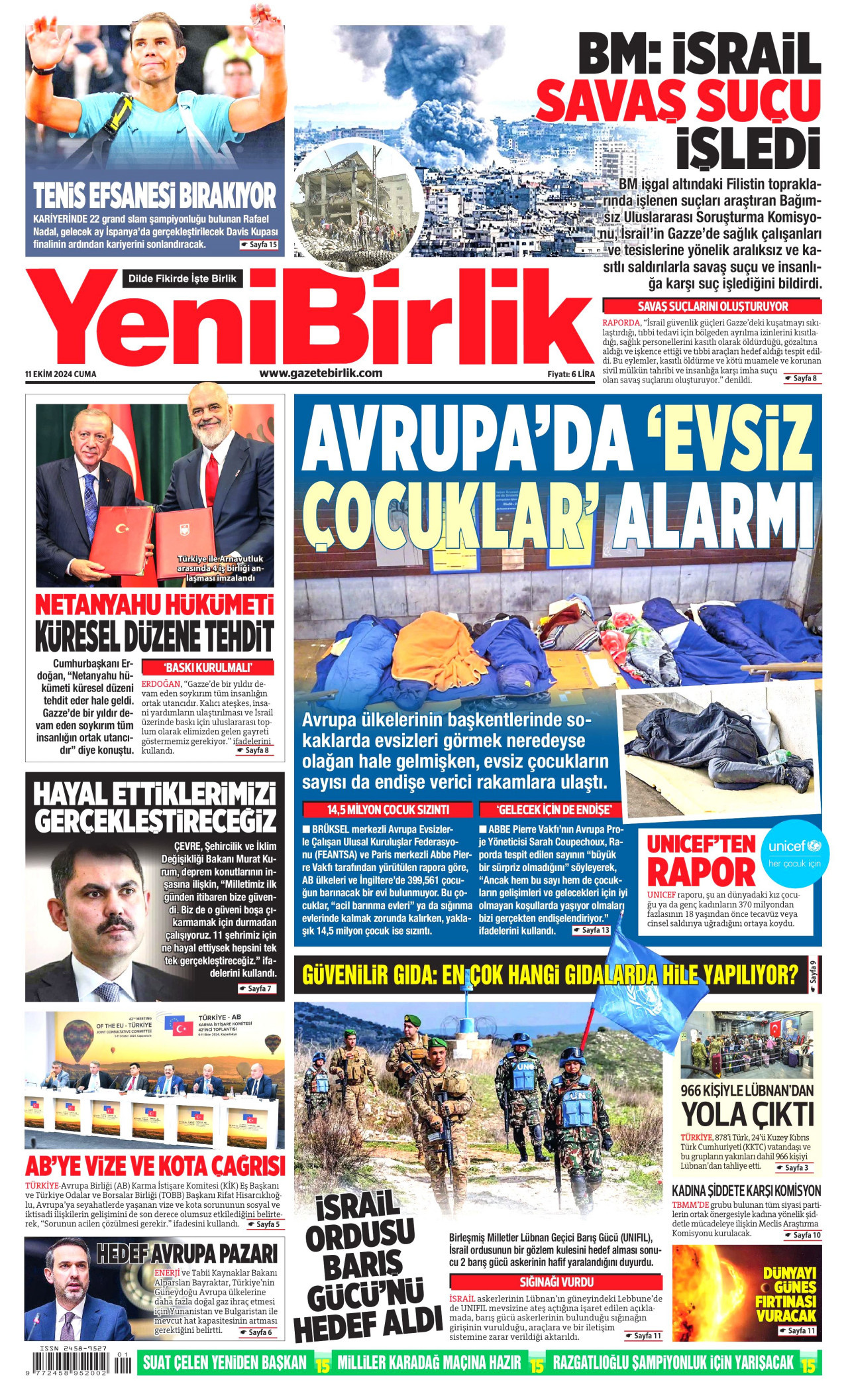 YENİBİRLİK gazetesinin 11 Ekim 2024 tarihli birinci sayfası