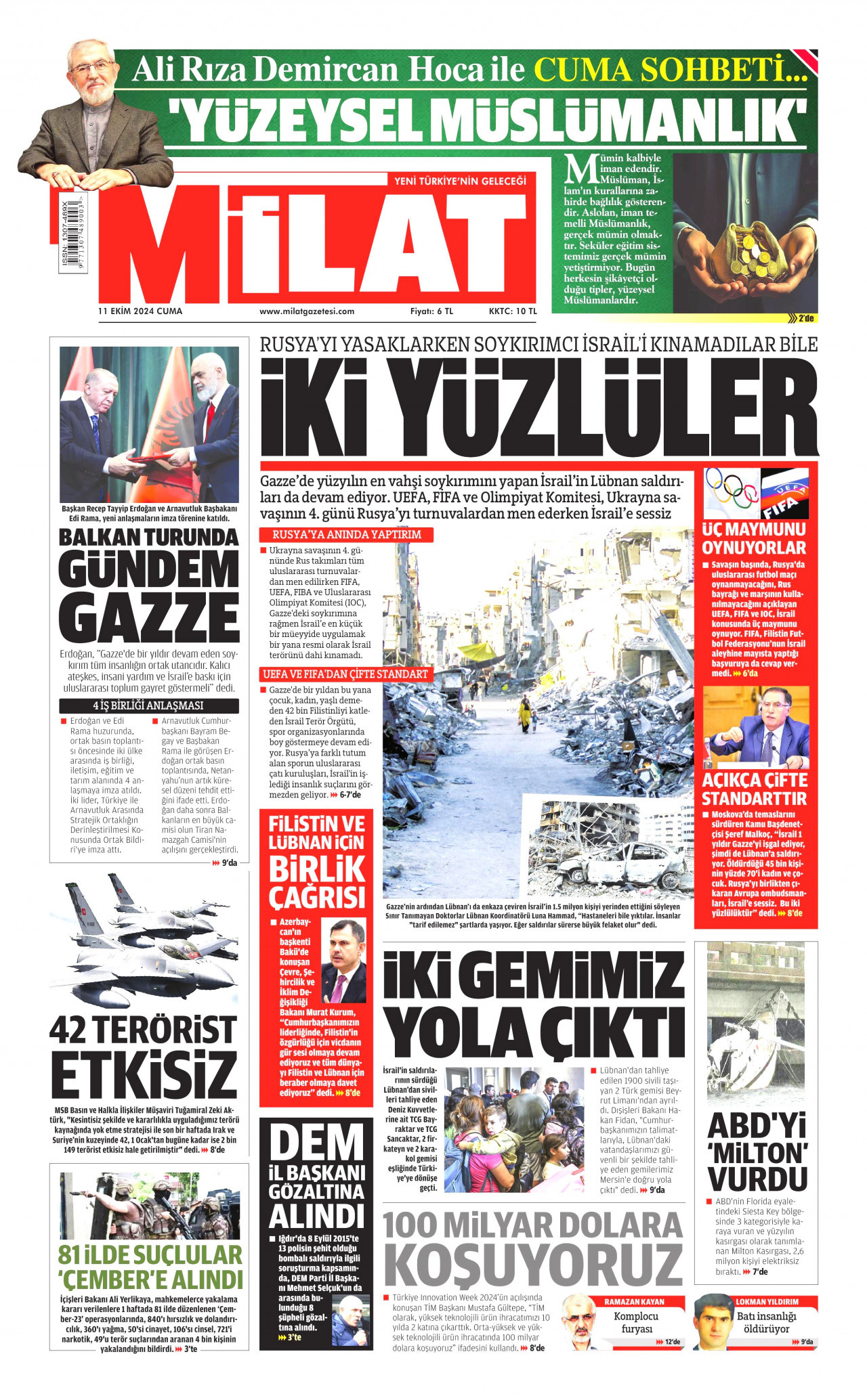 MİLAT gazetesinin 11 Ekim 2024 tarihli birinci sayfası