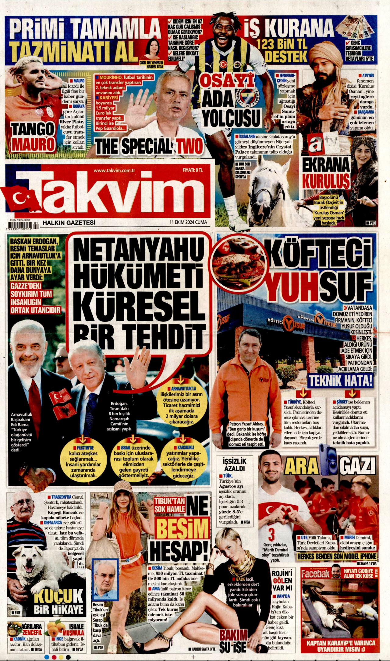 TAKVİM gazetesinin 11 Ekim 2024 tarihli birinci sayfası