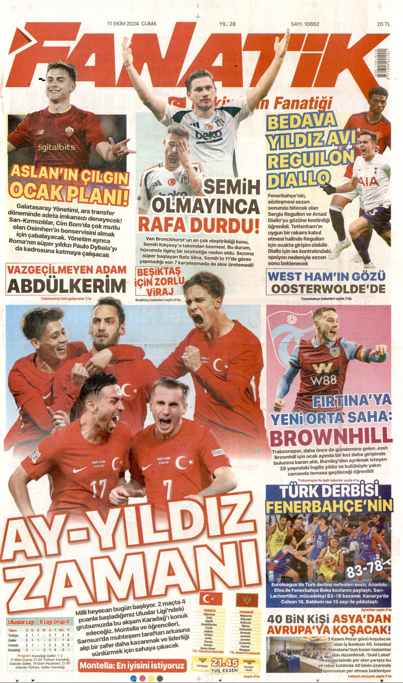 FANATİK gazetesinin 11 Ekim 2024 tarihli birinci sayfası
