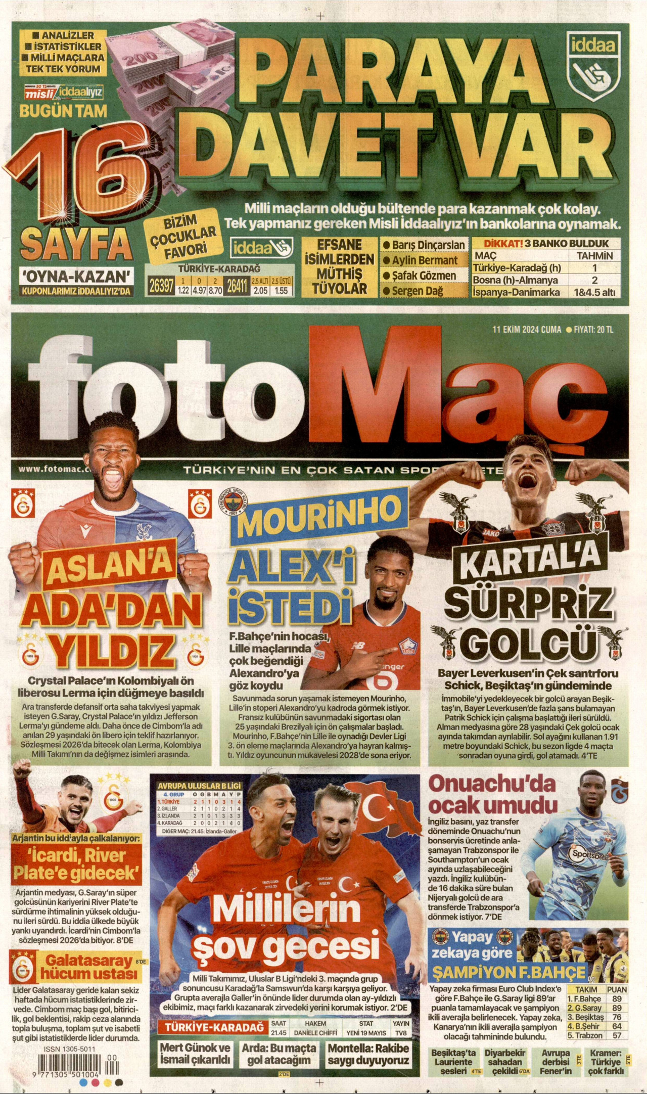 FOTOMAÇ gazetesinin 11 Ekim 2024 tarihli birinci sayfası