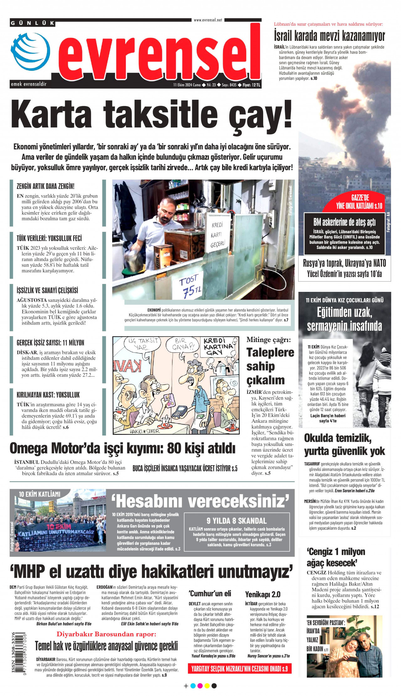 EVRENSEL gazetesinin 11 Ekim 2024 tarihli birinci sayfası