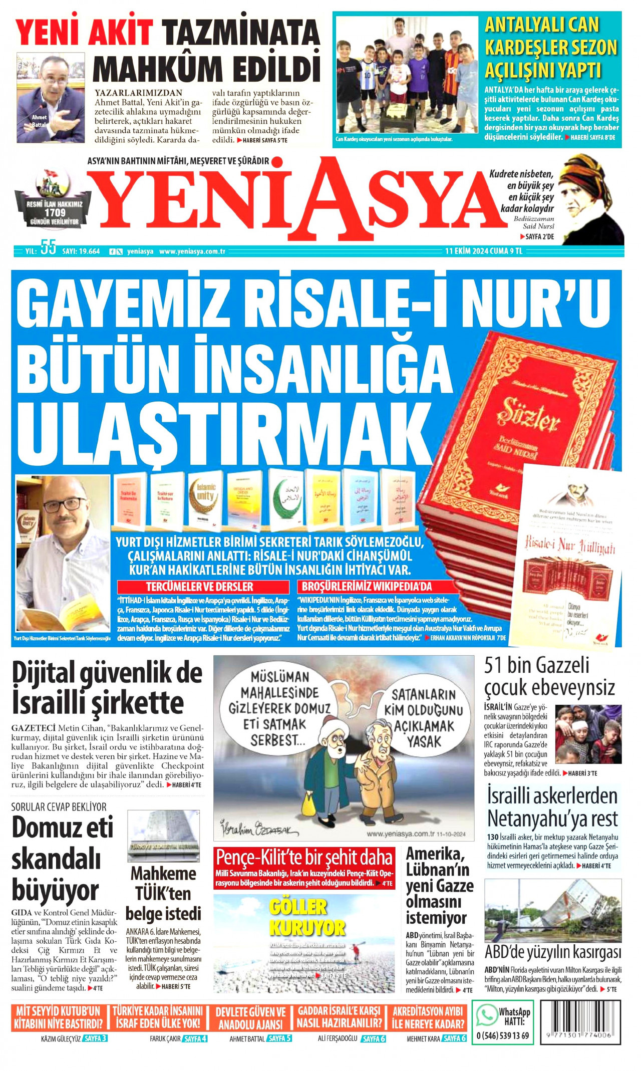 YENİ ASYA gazetesinin 11 Ekim 2024 tarihli birinci sayfası