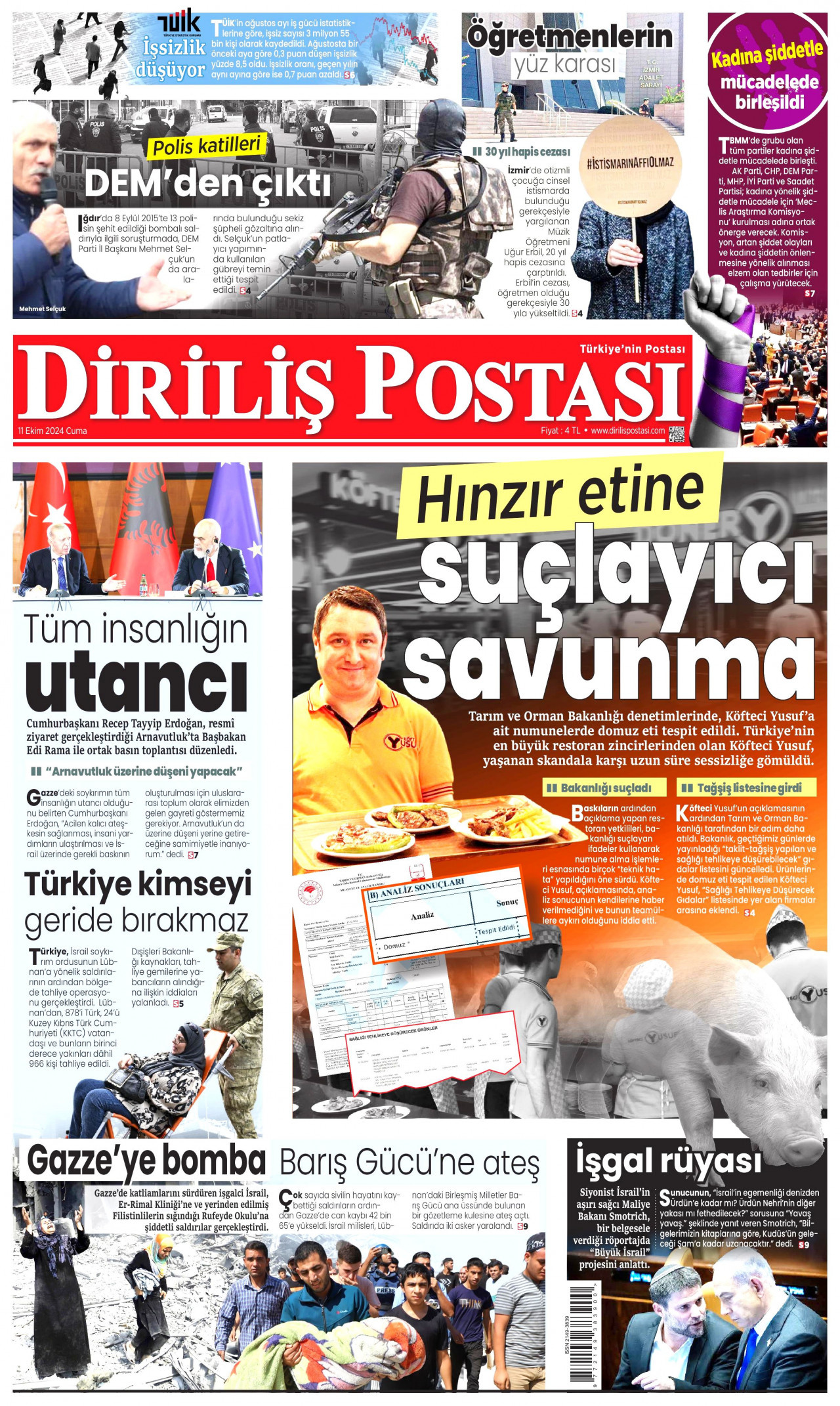 DİRİLİŞ POSTASI gazetesinin 11 Ekim 2024 tarihli birinci sayfası