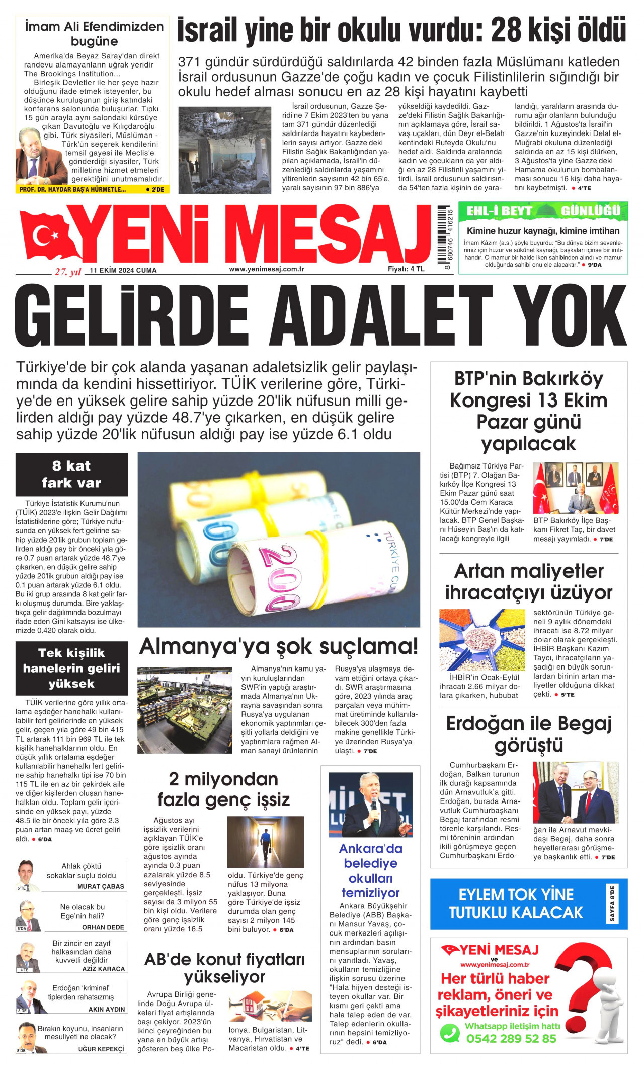 YENİ MESAJ gazetesinin 11 Ekim 2024 tarihli birinci sayfası