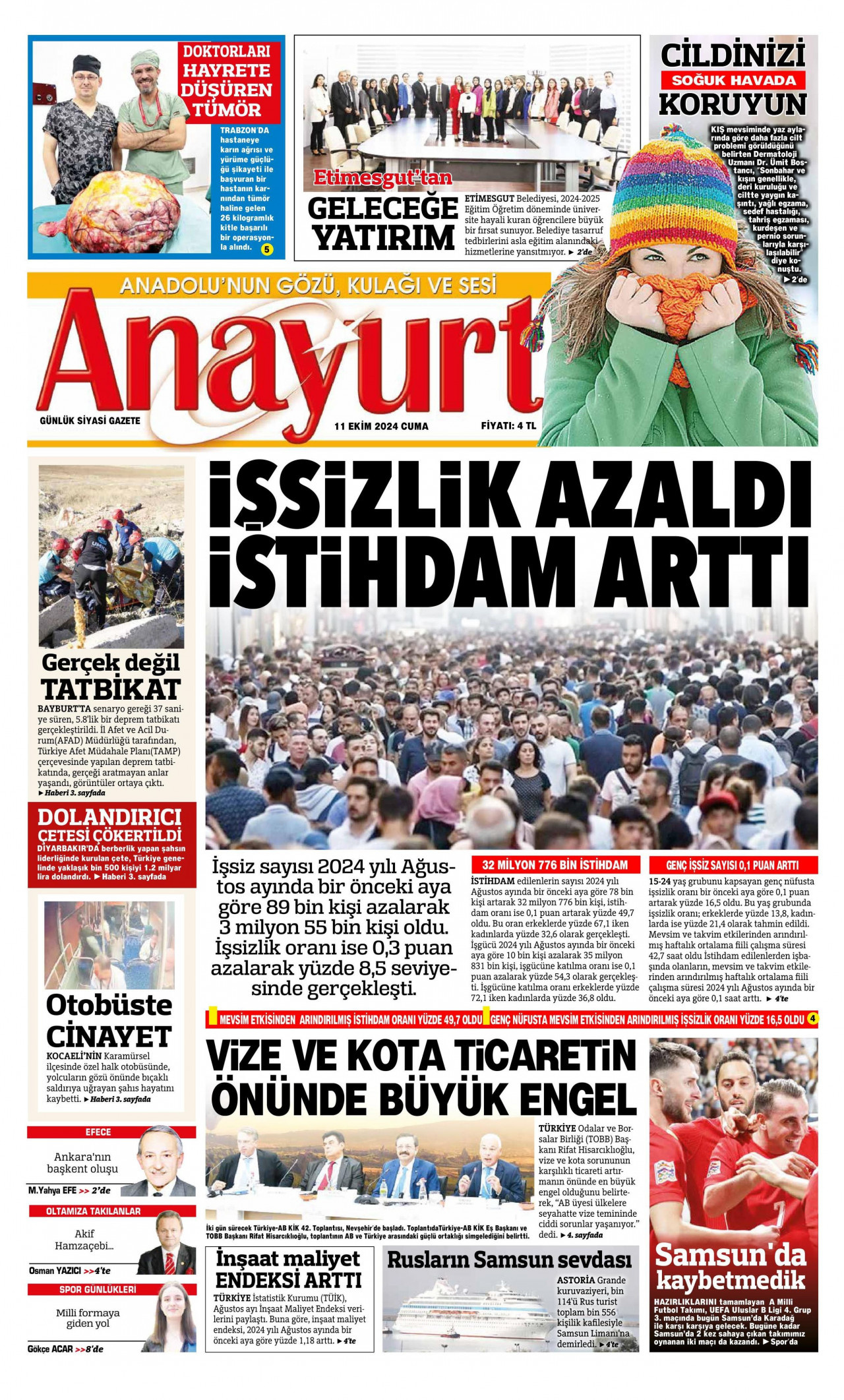 ANAYURT gazetesinin 11 Ekim 2024 tarihli birinci sayfası