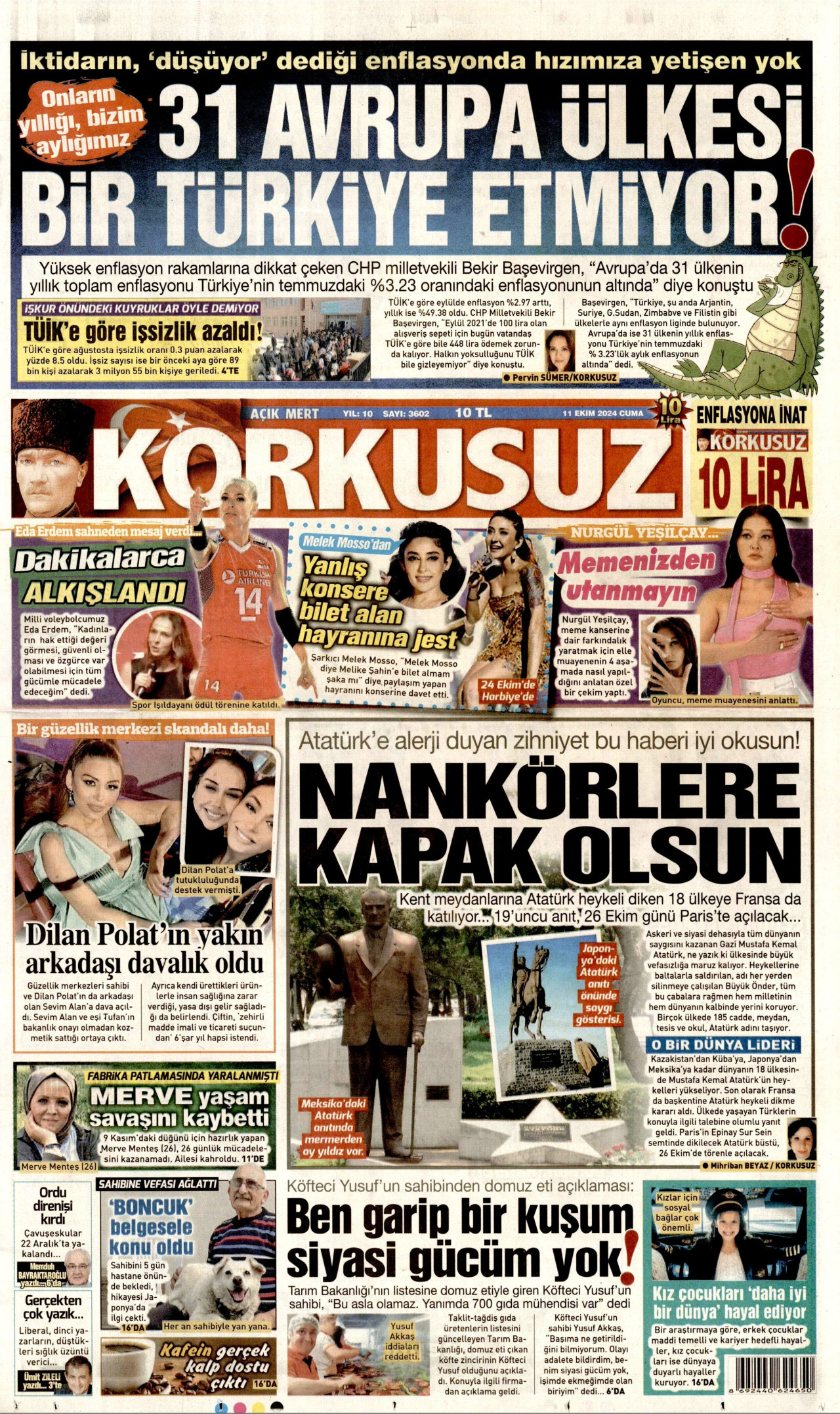 KORKUSUZ gazetesinin 11 Ekim 2024 tarihli birinci sayfası