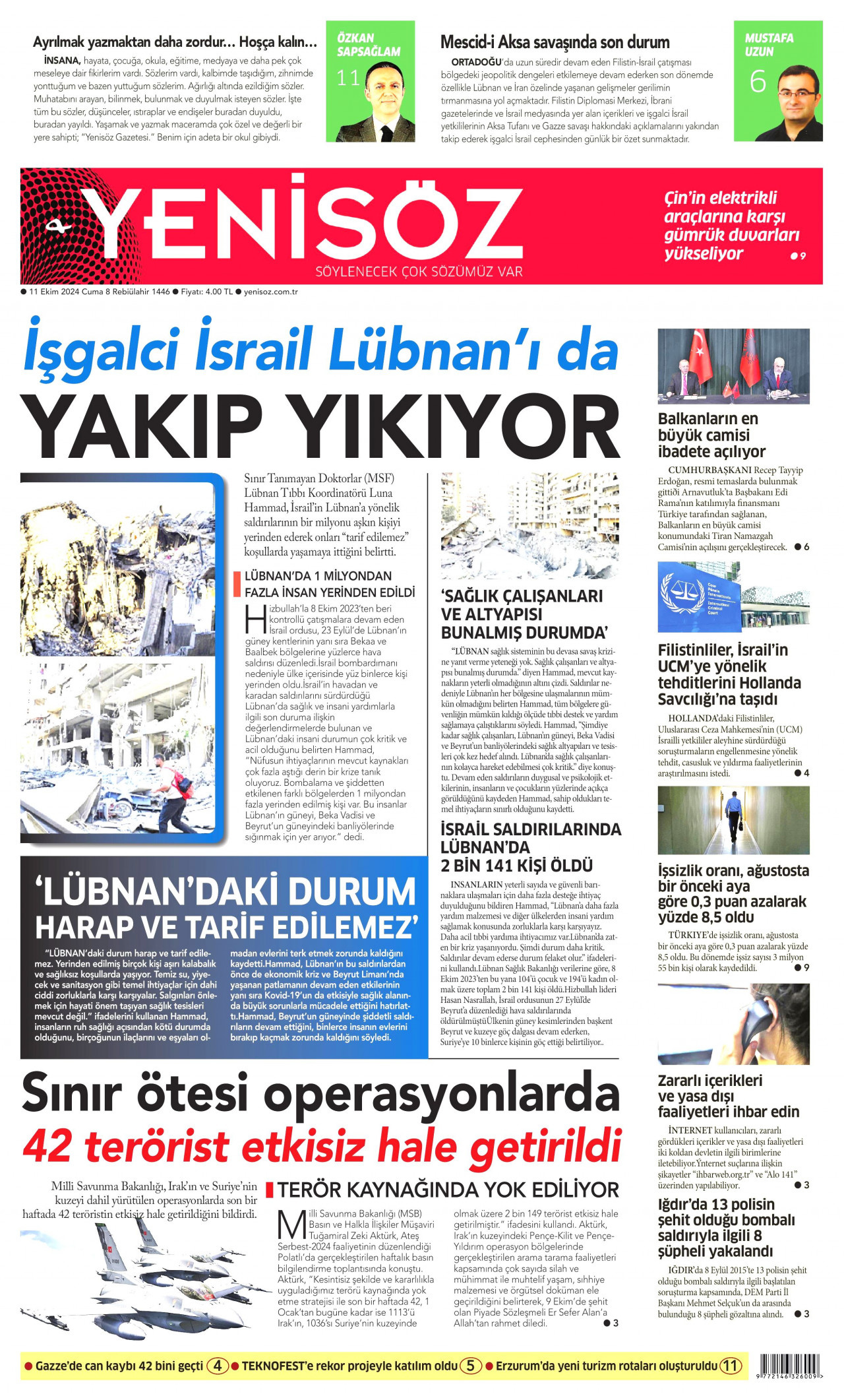 YENİ SÖZ GAZETESİ gazetesinin 11 Ekim 2024 tarihli birinci sayfası