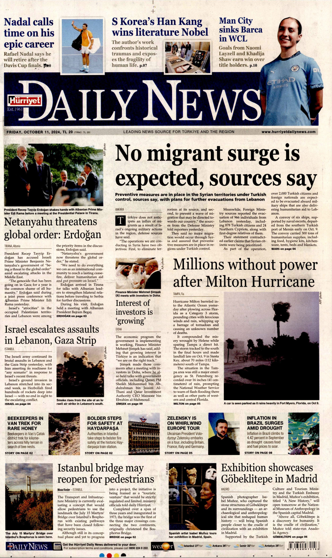 HÜRRİYET DAİLY NEWS gazetesinin 11 Ekim 2024 tarihli birinci sayfası