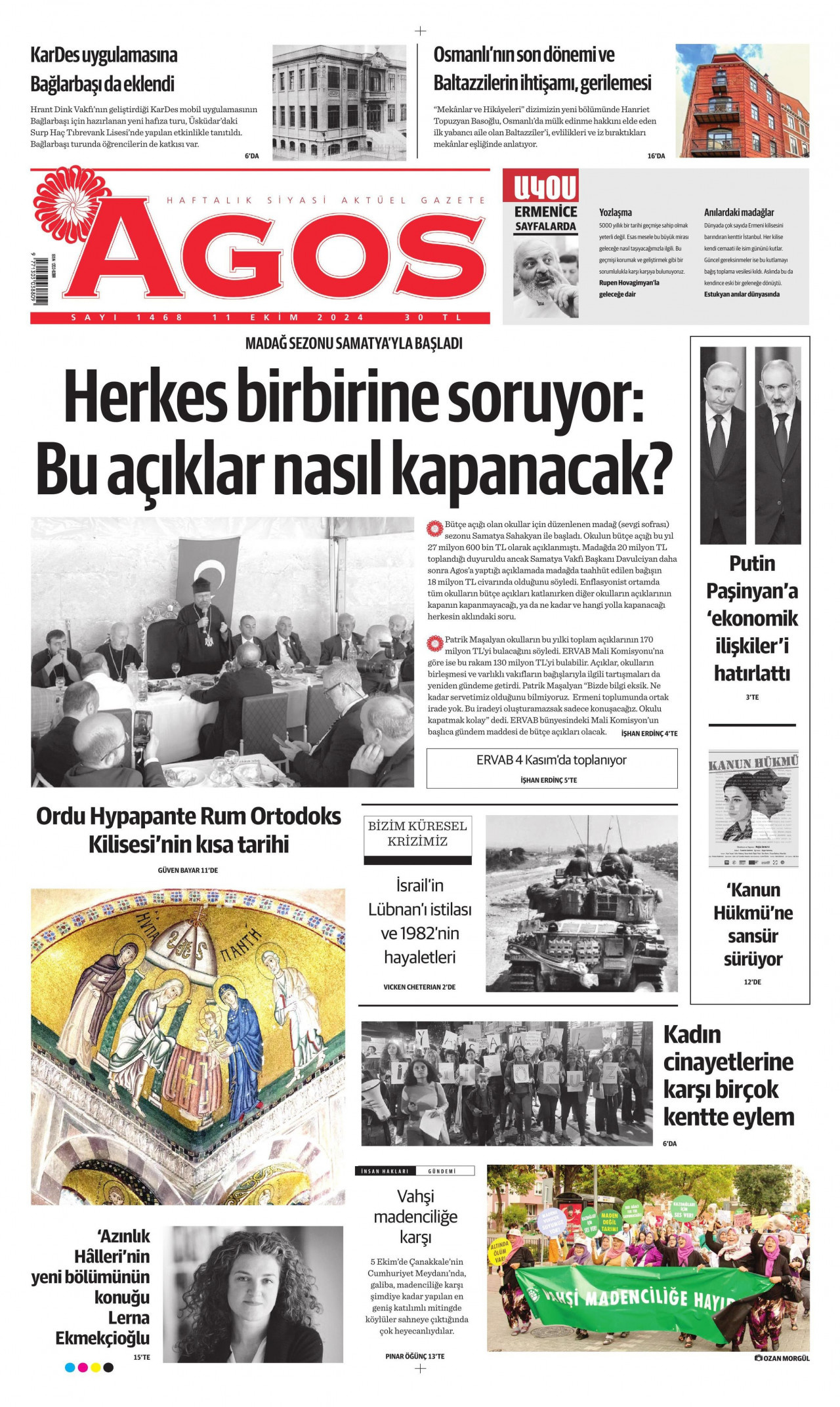 AGOS gazetesinin 11 Ekim 2024 tarihli birinci sayfası