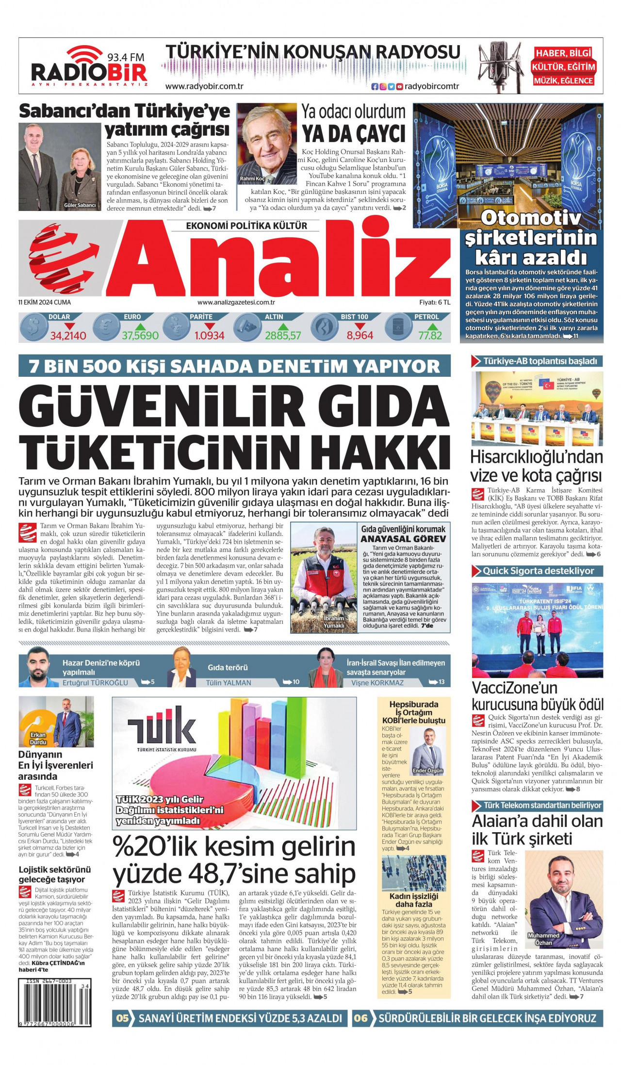 ANALİZ gazetesinin 11 Ekim 2024 tarihli birinci sayfası
