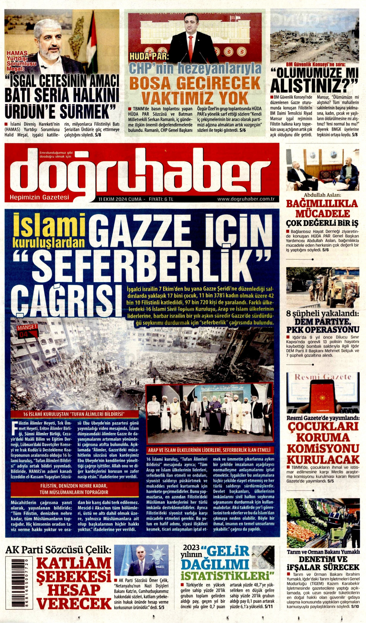DOĞRU HABER gazetesinin 11 Ekim 2024 tarihli birinci sayfası