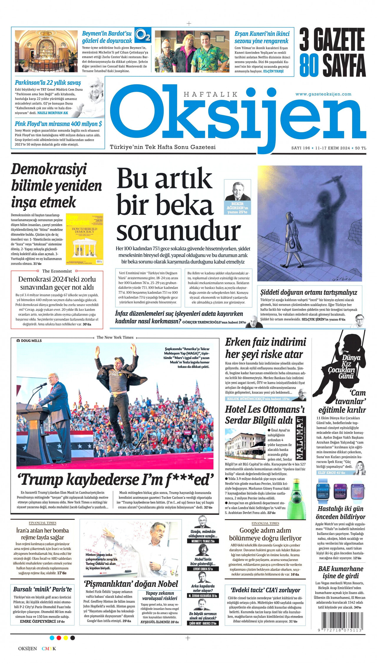 OKSİJEN gazetesinin 11 Ekim 2024 tarihli birinci sayfası