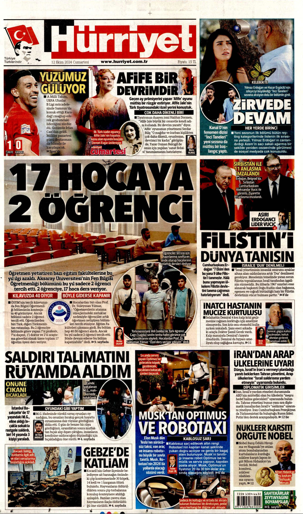HÜRRİYET gazetesinin 12 Ekim 2024 tarihli birinci sayfası