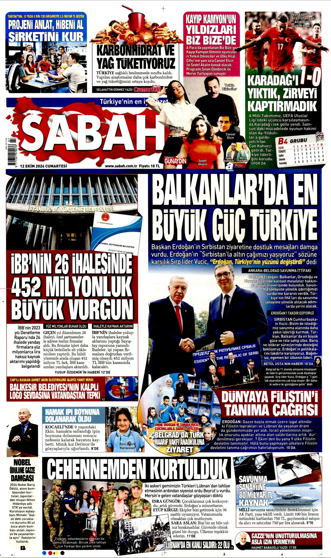 SABAH gazetesinin 12 Ekim 2024 tarihli birinci sayfası