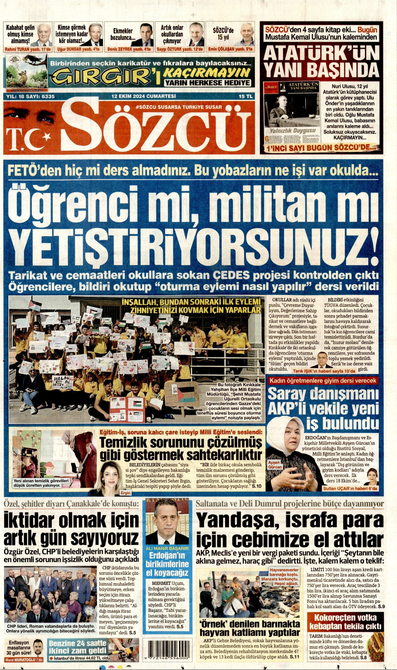 SÖZCÜ gazetesinin 12 Ekim 2024 tarihli birinci sayfası
