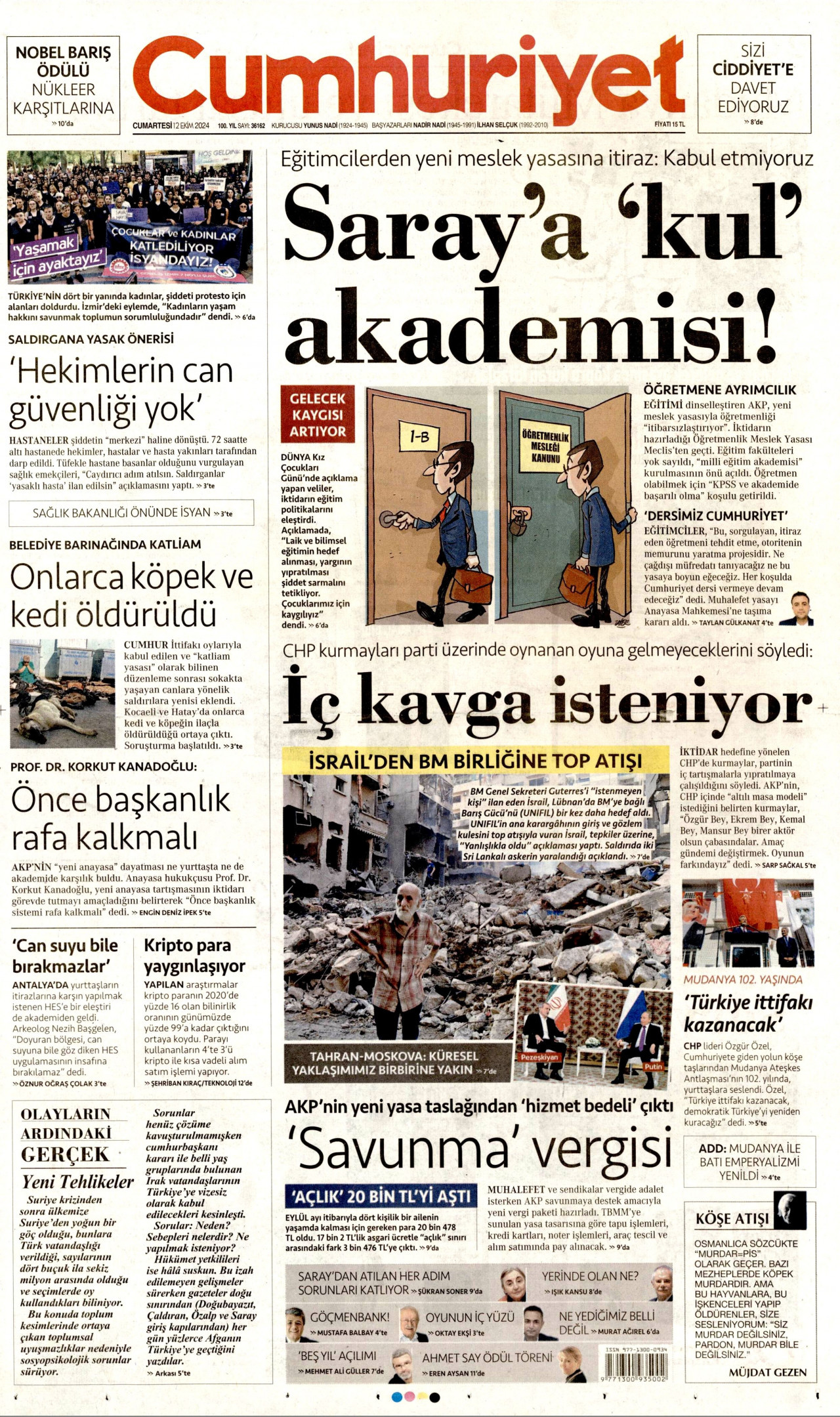 CUMHURİYET gazetesinin 12 Ekim 2024 tarihli birinci sayfası