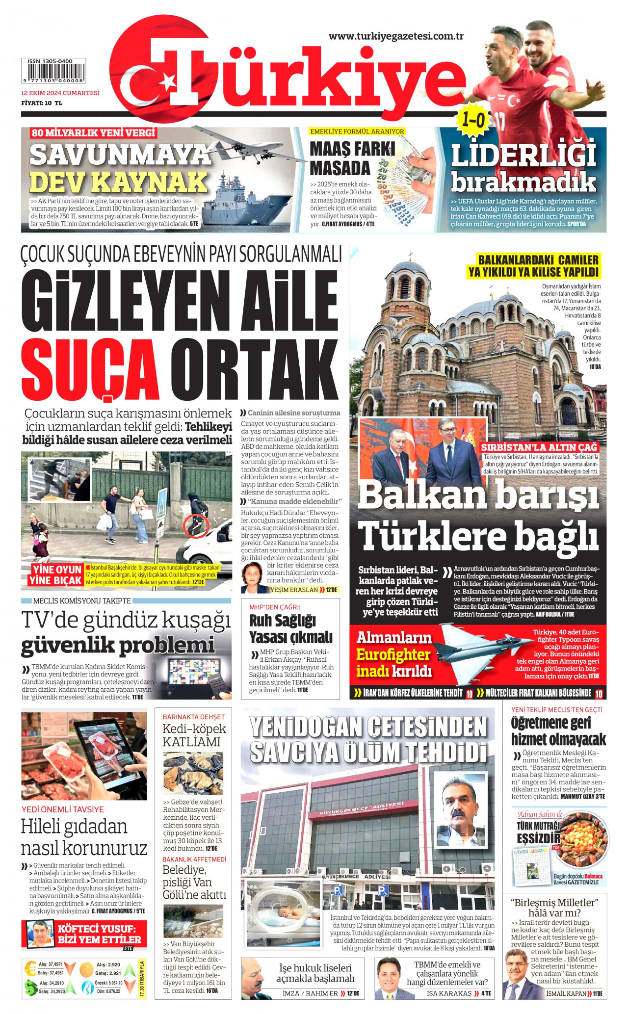 TÜRKİYE GAZETESİ gazetesinin 12 Ekim 2024 tarihli birinci sayfası