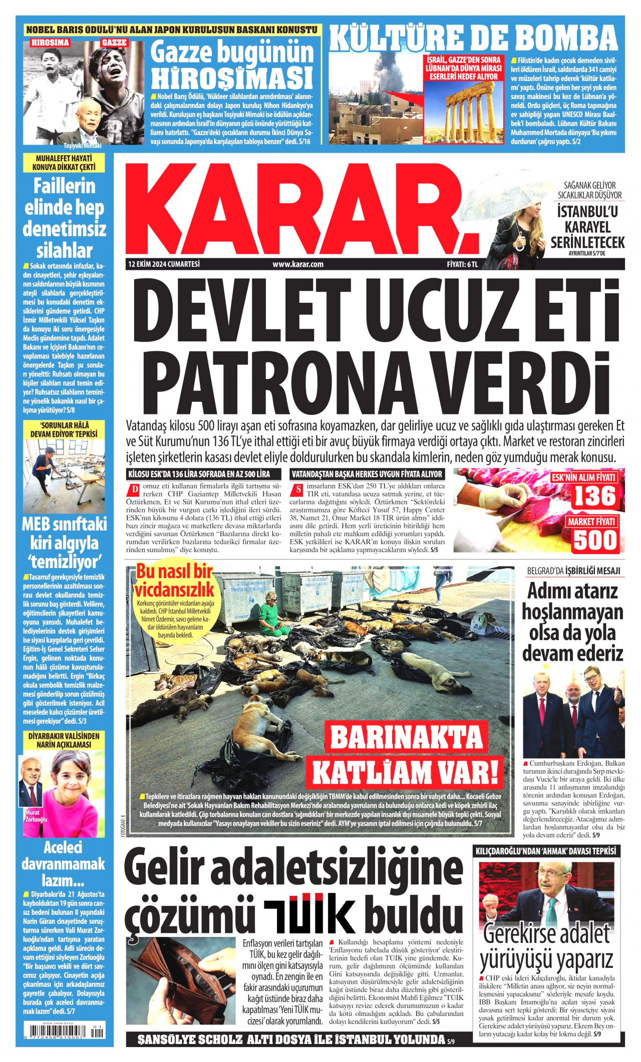 KARAR gazetesinin 12 Ekim 2024 tarihli birinci sayfası