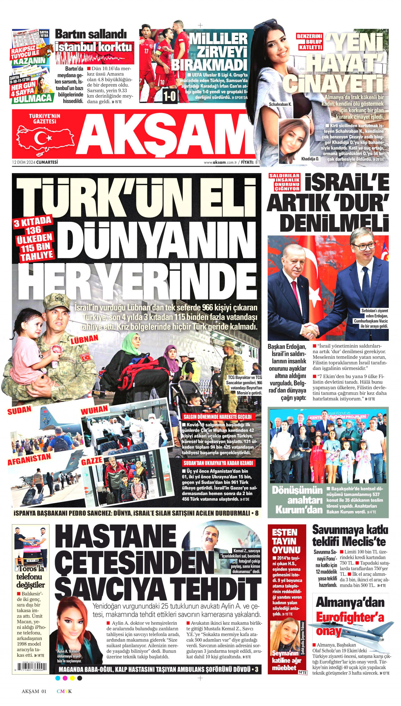 AKŞAM gazetesinin 12 Ekim 2024 tarihli birinci sayfası
